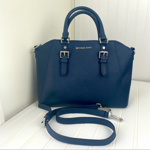 Michael Kors Handbags - MICHAEL KORS - Ciara Navy Saffiano Leather Satchel